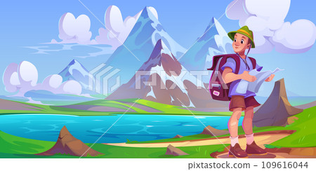 Male tourist with hiking backpack and map Male tourist with hiking backpack and map 109616044