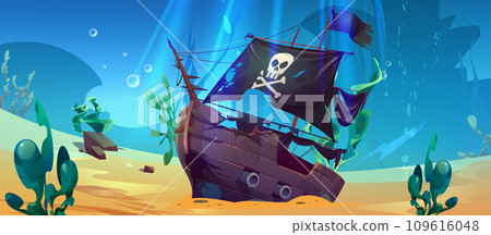 Wrecked pirate ship on sea bottom Wrecked pirate ship on sea bottom 109616048