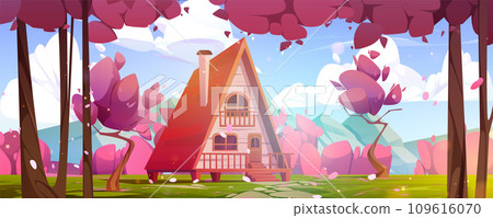 Cozy chalet and sakura trees in mountain valley Cozy chalet and sakura trees in mountain valley 109616070