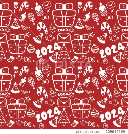 Doodle art element pattern new year 2024 with ornamts of wrapping paper concept 109616369