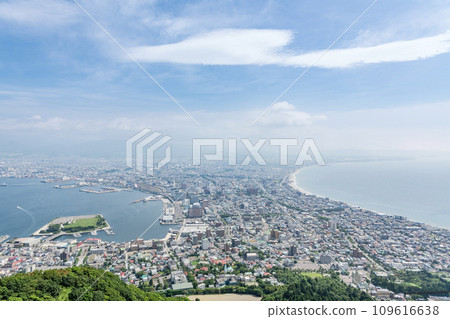 Hakodate, Hokkaido - The cityscape of Hakodate in early summer as seen from the observation deck at the top of Mt. Hakodate Hakodate, Hokkaido - The cityscape of Hakodate in early summer as seen from the observation deck at the top of Mt. Hakodate 109616638