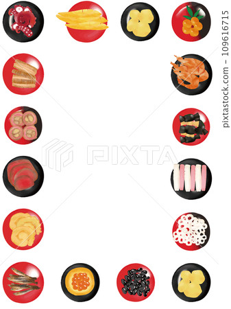 Watercolor style New Year's food (small plate) frame vertical 109616715