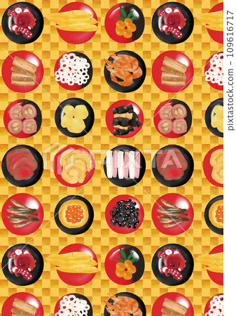 Watercolor style New Year's food (small plate) and golden checkered pattern 109616717