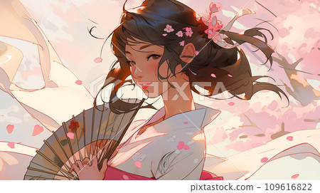 Spring and woman illustration, cherry blossom flowers and Japanese woman in kimono, AI generated image 109616822