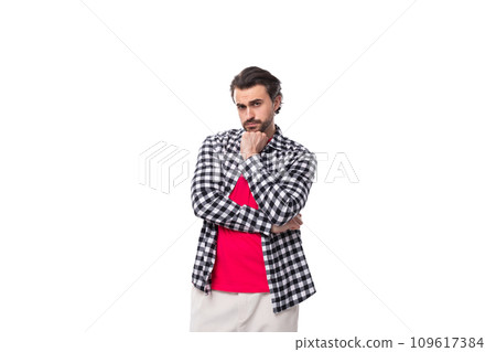 young smart caucasian handsome guy with a beard and styled hair on a white background with copy 109617384