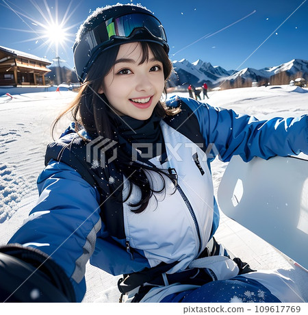 A woman taking a selfie on a ski slope with clear air as the sun rises (generated AI) 109617769