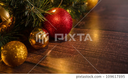 Christmas Decoration Over Wooden Background. Decorations over Wood, Copy-space Christmas Decoration Over Wooden Background. Decorations over Wood, Copy-space 109617895