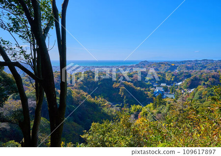 Southwest view from the Kenchoji Katsujoken Observation Deck on the Tenen Hiking Course in Kamakura City in autumn (Kenchoji Temple, Mt. Genji, Sagami Bay, etc.) 109617897