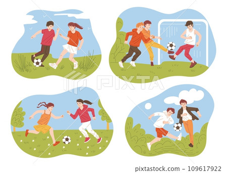 Children soccer club banners with kids playing football, flat vector isolated. 109617922