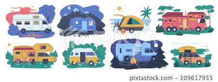 Camper van, trailer, hindcarriage on nature camping, transportable dwelling for road travel, journey vector isolated set 109617955
