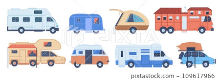 Camper van, trailer, hindcarriage for camping, transportable dwelling for road travel, journey vector isolated set Camper van, trailer, hindcarriage for camping, transportable dwelling for road travel, journey vector isolated set 109617966