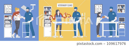 Reptile pets get medical treatment in veterinary clinic, vector illustration. 109617976