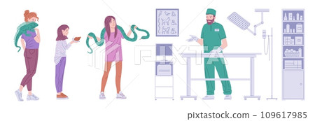 Women owners with snail, guana and snake in the veterinarian clinic, vector exotic pet reptile animal care, prevention 109617985