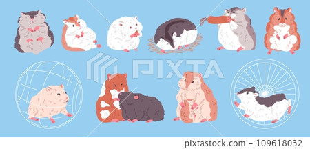 Cute hamsters engaged in daily activities flat vector illustration isolated. 109618032