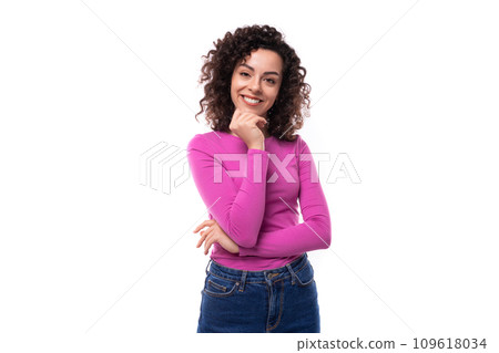 young charming woman with stylish curly hair styling on a white background. curly hairstyle concept young charming woman with stylish curly hair styling on a white background. curly hairstyle concept 109618034