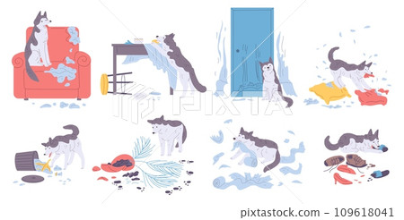 Clutter, disorder and destruction from play naughty dog, cartoon vector pet mess illustrations set 109618041