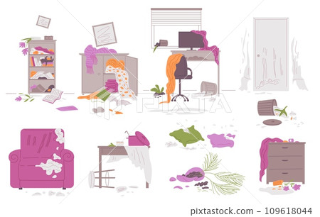 Pet mess, disorder and destruction by bad pet, vector damaged and scratched armchair, door, wallpaper, shreds scattered 109618044