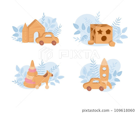 Cartoon wooden toys vector set, car and rocket, pyramid and horse, children game construction, logical entertainment Cartoon wooden toys vector set, car and rocket, pyramid and horse, children game construction, logical entertainment 109618060