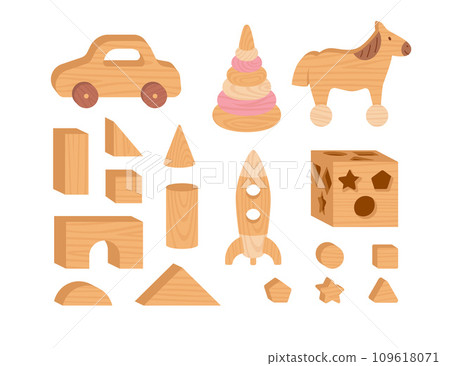 Cartoon wooden toys vector set, car and rocket, pyramid and horse, bricks, children logical game cubic construction Cartoon wooden toys vector set, car and rocket, pyramid and horse, bricks, children logical game cubic construction 109618071