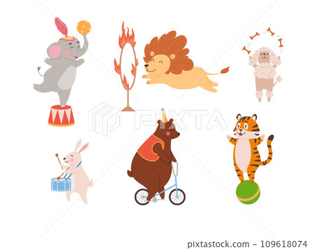 Trained animals perform in the circus arena, flat vector illustration isolated. Trained animals perform in the circus arena, flat vector illustration isolated. 109618074