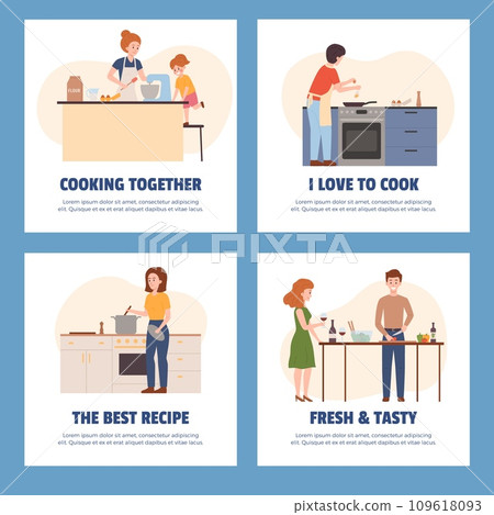 Collection posters of people cooking at home, cartoon family enjoying cooking, preparing food together vector set Collection posters of people cooking at home, cartoon family enjoying cooking, preparing food together vector set 109618093