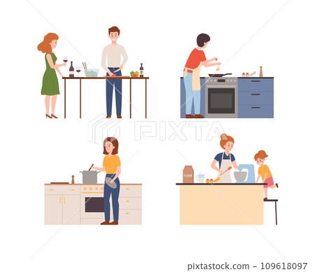 People cooking at home, cartoon family enjoying cooking, preparing food together vector illustrations set 109618097