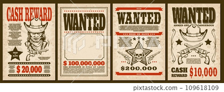 Western wanted retro style banner or posters hand drawn vector illustration. 109618109