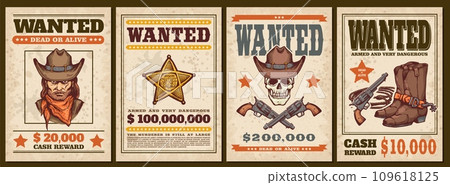 Vintage western style Wanted posters set with bandit portrait, skull, sheriff badge and revolvers, paper blank reward 109618125