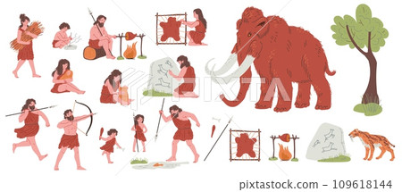 Tribal primitive cave people life, vector hand drawn Stone age illustrations set, ancient evolution and civilization 109618144