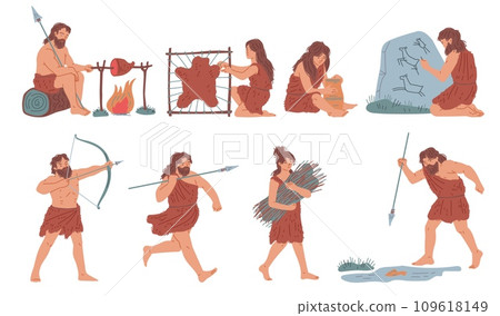 Set of primitive stone age people, flat vector illustration isolated on white background. 109618149