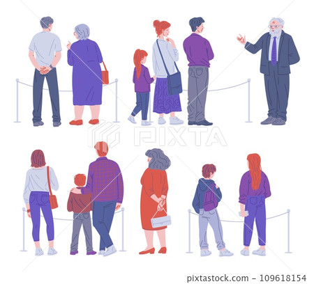 Museum visitors standing in art gallery, listening to the male tour guide, vector illustration of excursion back view Museum visitors standing in art gallery, listening to the male tour guide, vector illustration of excursion back view 109618154