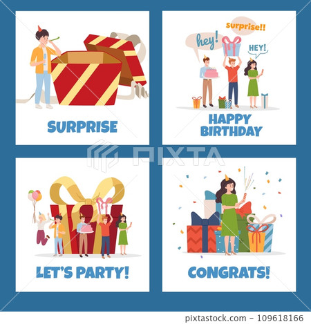 Birthday greeting cards set, flat vector illustration. 109618166