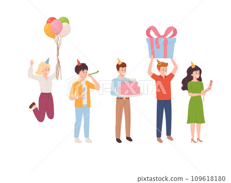 Happy people with gifts greeting and congratulating, flat vector illustration isolated on white background. 109618180