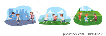 Children play football, happy girls and boys playing soccer on play-field, lawn, on city site vector illustrations set Children play football, happy girls and boys playing soccer on play-field, lawn, on city site vector illustrations set 109618235