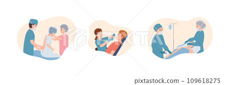 Doctor makes a patient epidural, general surgical anesthesia, local injection in the mouth vector illustrations set Doctor makes a patient epidural, general surgical anesthesia, local injection in the mouth vector illustrations set 109618275