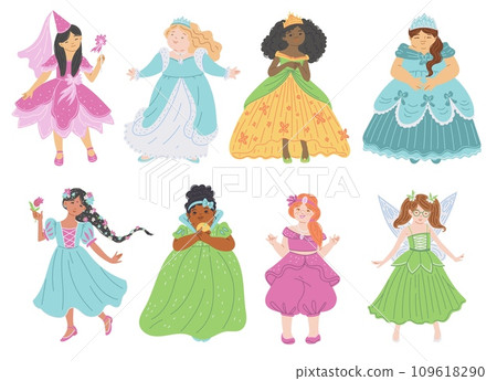 Pretty multi ethnic princesses collection set, fairy tale girls in beautiful dresses vector cartoon fashion illustration 109618290
