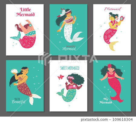 Set of poster or vertical banners with multi ethnic mermaids flat style 109618304