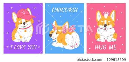 Cartoon posters vector set with Corgi dog with horn, wings, crown, baseball cap, Lovely childish design with lettering 109618309