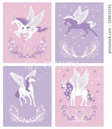 Vector hand drawn posters set purple, white horses with wings, floral ornament, fantastic horses, Unicorn and Pegasus 109618341