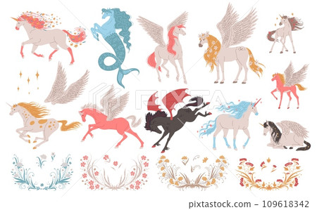 Set of fantastic horses, unicorns and pegasus, cartoon flat vector illustration isolated on white background. 109618342
