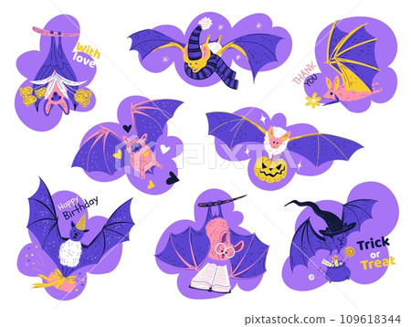 Cute cartoon stickers set with funny bat, thanks give, congratulatory character, vector illustrations isolated on purple 109618344