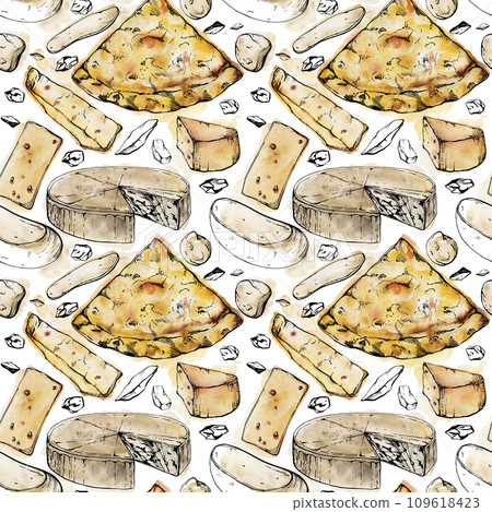 Hand drawn watercolor ink illustration. Quattro formaggi four cheeses pizza slice, Italian cuisine. Seamless pattern isolated on white. Design restaurant menu, cafe, food shop or package, flyer print. 109618423