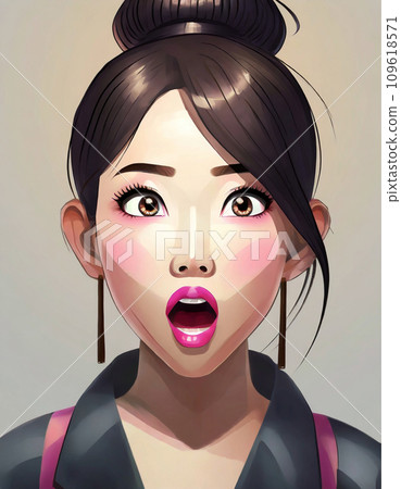一位年輕的亞洲女性驚訝的正面插圖（AI 生成） 109618571
