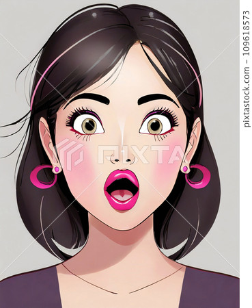 一位年輕的亞洲女性驚訝的正面插圖（AI 生成） 109618573