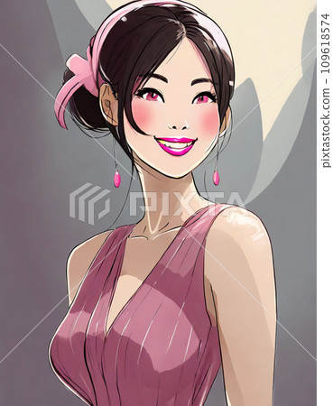 微笑的年輕亞洲女性上半身插圖（AI 生成） 109618574