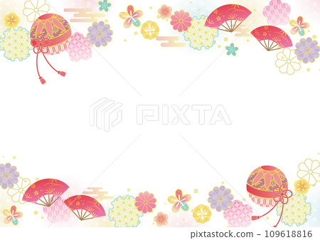 球和扇子的日本圖案背景 109618816