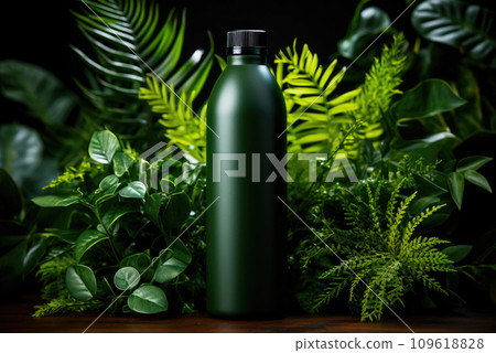 Natural cosmetics in a green bottle with green leaves on a forest background. The concept of a natural organic cosmetic product 109618828