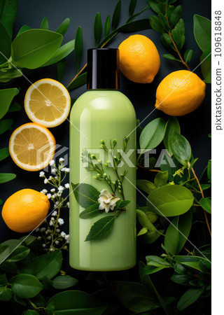Green cosmetic product bottle for skin, body or hair care with green leaves and lemon, top view. Natural cosmetic concept 109618848