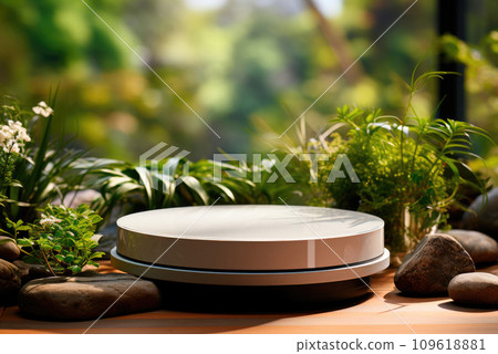 Round podium is a stage for the demonstration of goods or organic cosmetics against the background of the nature of a green forest 109618881