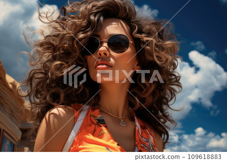 Latin young woman with curly hair wearing sunglasses against a blue sky with clouds on a summer vacation Latin young woman with curly hair wearing sunglasses against a blue sky with clouds on a summer vacation 109618883